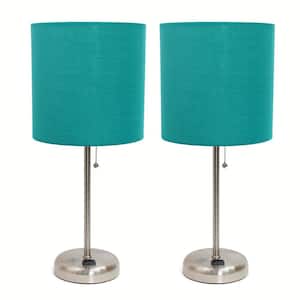19.5 in. Brushed Steel and Teal Stick Lamp with Charging Outlet and Fabric Shade (2-Pack)