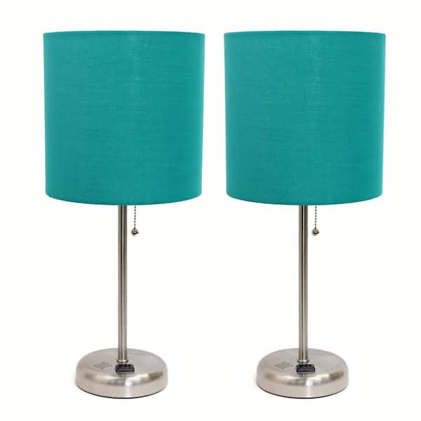 Simple Designs 19.5 in. Brushed Steel and Teal Stick Lamp with Charging Outlet and Fabric Shade (2-Pack)