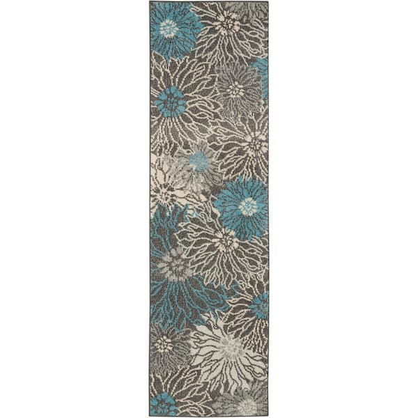 Nourison Passion Charcoal/Blue 2 ft. x 8 ft. Floral Contemporary Kitchen Runner Area Rug