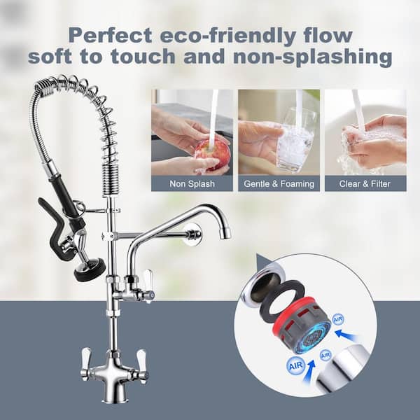 Brass Commercial Deck Mount Triple Handle Pull Down Sprayer Kitchen Faucet with Pre-Rinse Sprayer in Polished Chrome