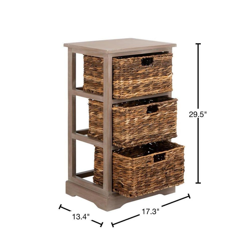 Transitional Brown Pine Wood Rectangular Side Table with 3 Wicker Baskets