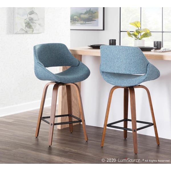 Fabrico 26 in. Walnut and Blue Fabric Counter Stool with Square Black Footrest (Set of 2)