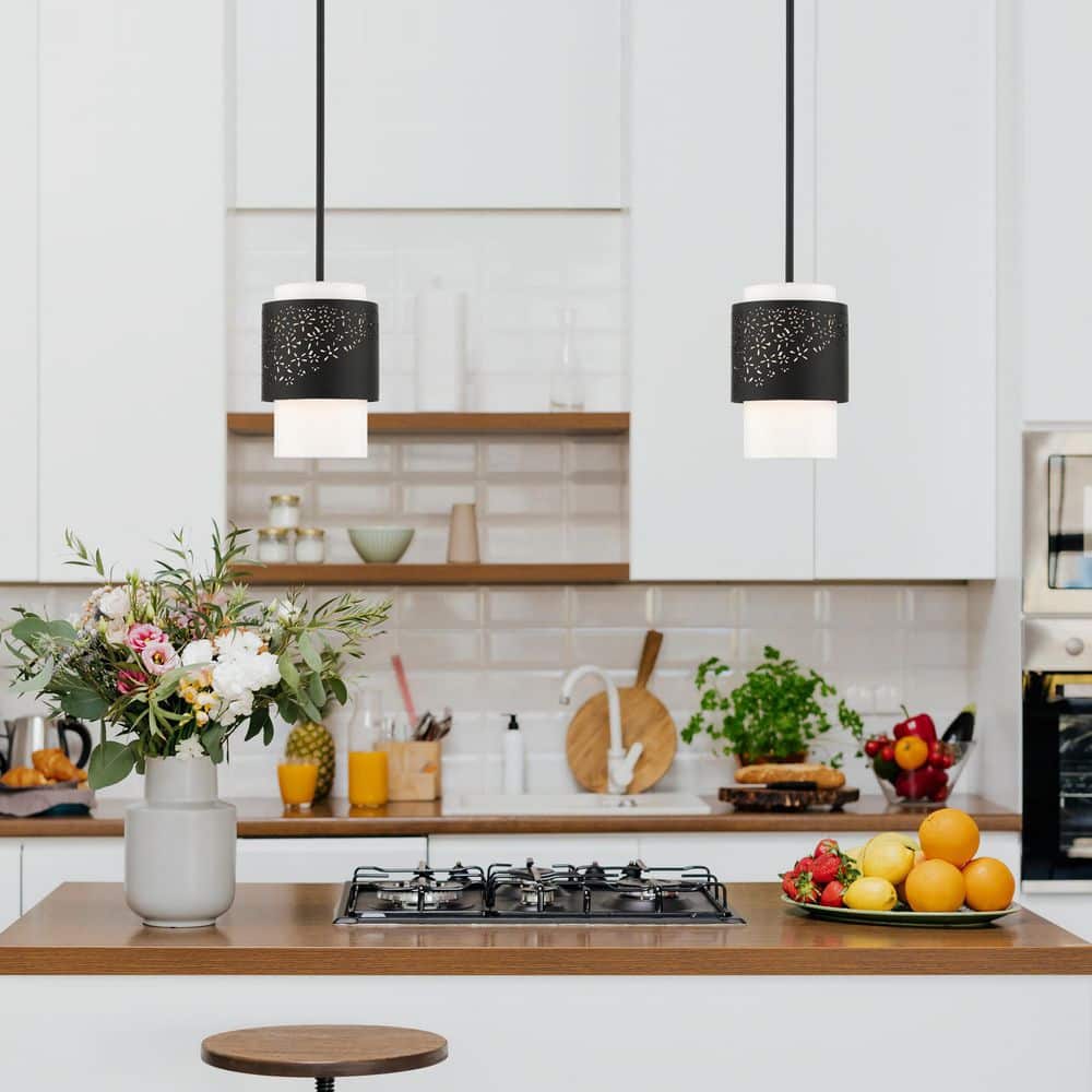 Noria Black Steel Drum Pendant with Off-White Fabric Shade