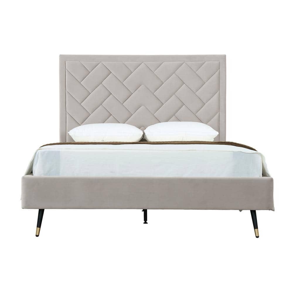 Queen Cream Velvet Upholstered Bed with Chevron Headboard