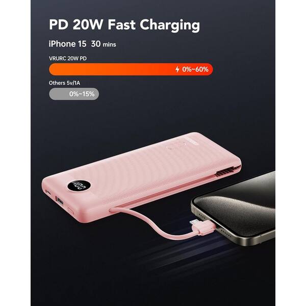 Yichuhaoxi Portable Charger Power Bank with Wall Plug, 10000mAh Built in Cables, PD 20-Watt Fast Charging Portable Charger 1 Pack