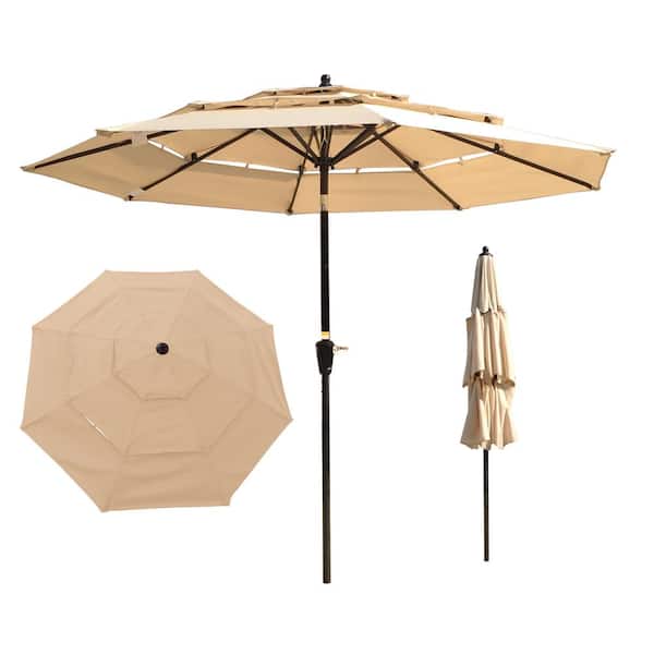 FORCLOVER 9 ft. 3-Tier Steel Market Tilt Patio Umbrella in Tan