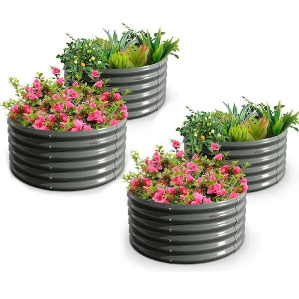 Cesicia 4 Pcs Gray Round 179 Gal. Galvanized Steel Raised Garden Bed Above Ground for Vegetables & Flowers(48 in. L x 18 in. H)