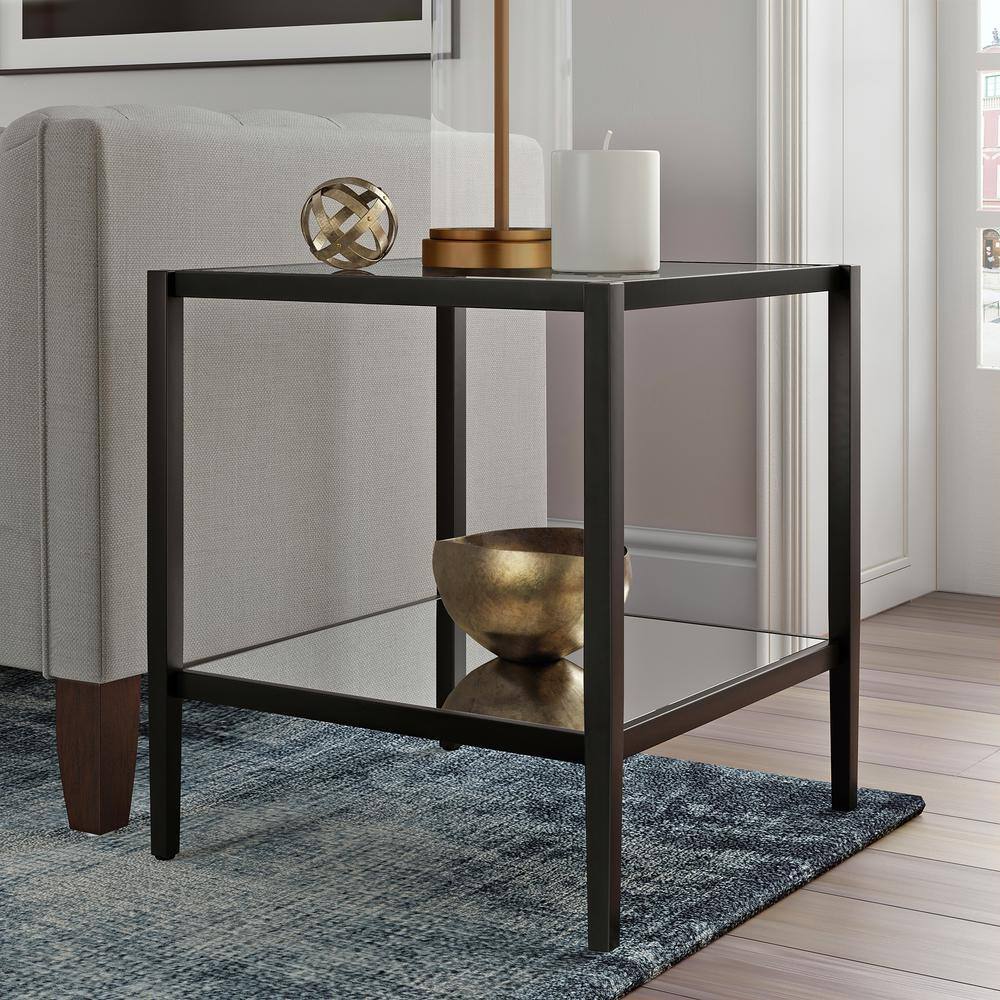 Hollywood Glam 20" Blackened Bronze Square Side Table with Mirrored Shelf