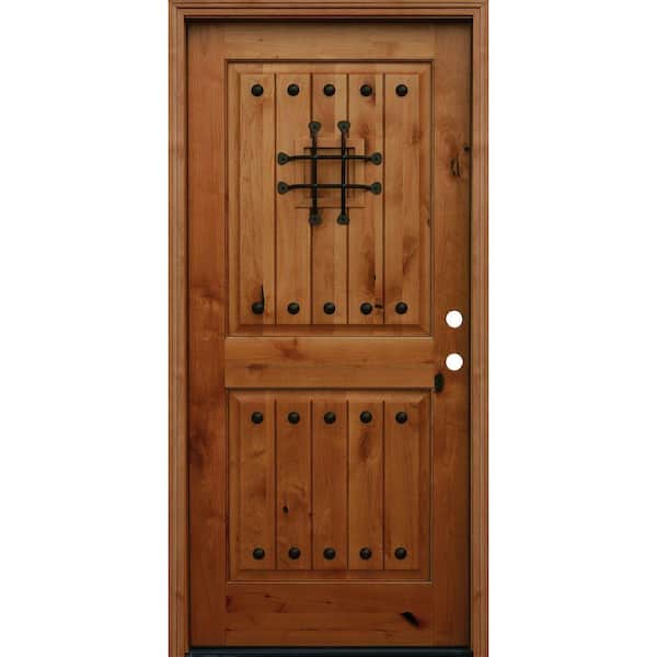 Pacific Entries 36 in. x 80 in. Rustic 2-Panel Square Top V-Grooved Stained Knotty Alder Wood Prehung Front Door with 6 in. Wall Series