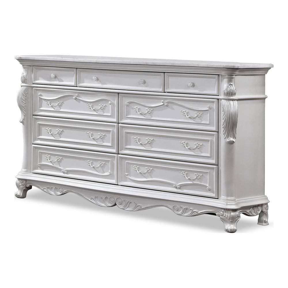 White Ornate Carved Solid Wood Dresser with Mirror
