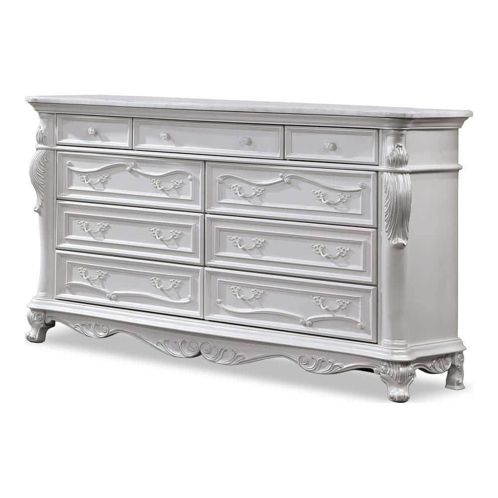 White Ornate Carved Solid Wood Dresser with Mirror