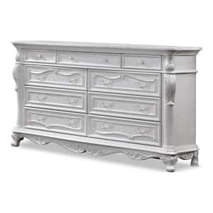 Feliciano White 9-Drawer 70.5 in. Dresser with Felt Lined Top Drawer and Carved Details