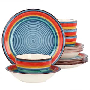 Rainbow 12-Pcs Stoneware Dinnerware Set Service of 4 in Blue Multi