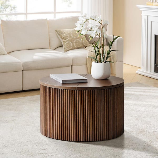 Deliat Walnut Modern 23.6 in. Wood Storage Round Coffee Table