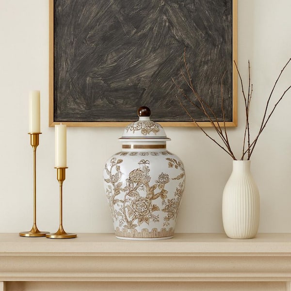 Brown 11.75 in. Ceramic Chinoiserie Bird and Vines Temple Jar