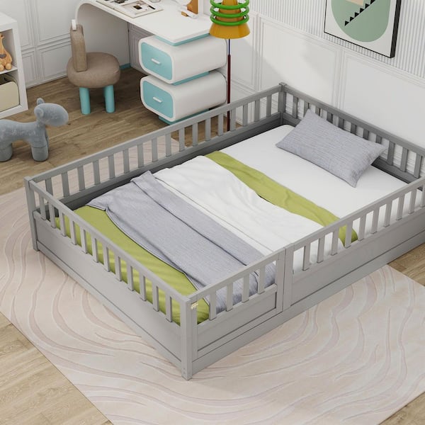 Grey Full Size Bed Frame with Integrated Wooden Super with Door