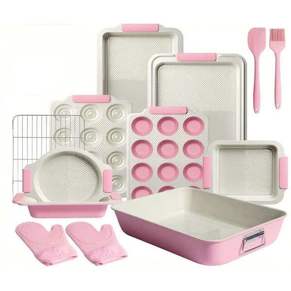 25-Piece Pink Stainless Steel Stackable Bakeware Set with Silicone Handles for Home Kitchen Baking Cookies and Pastries