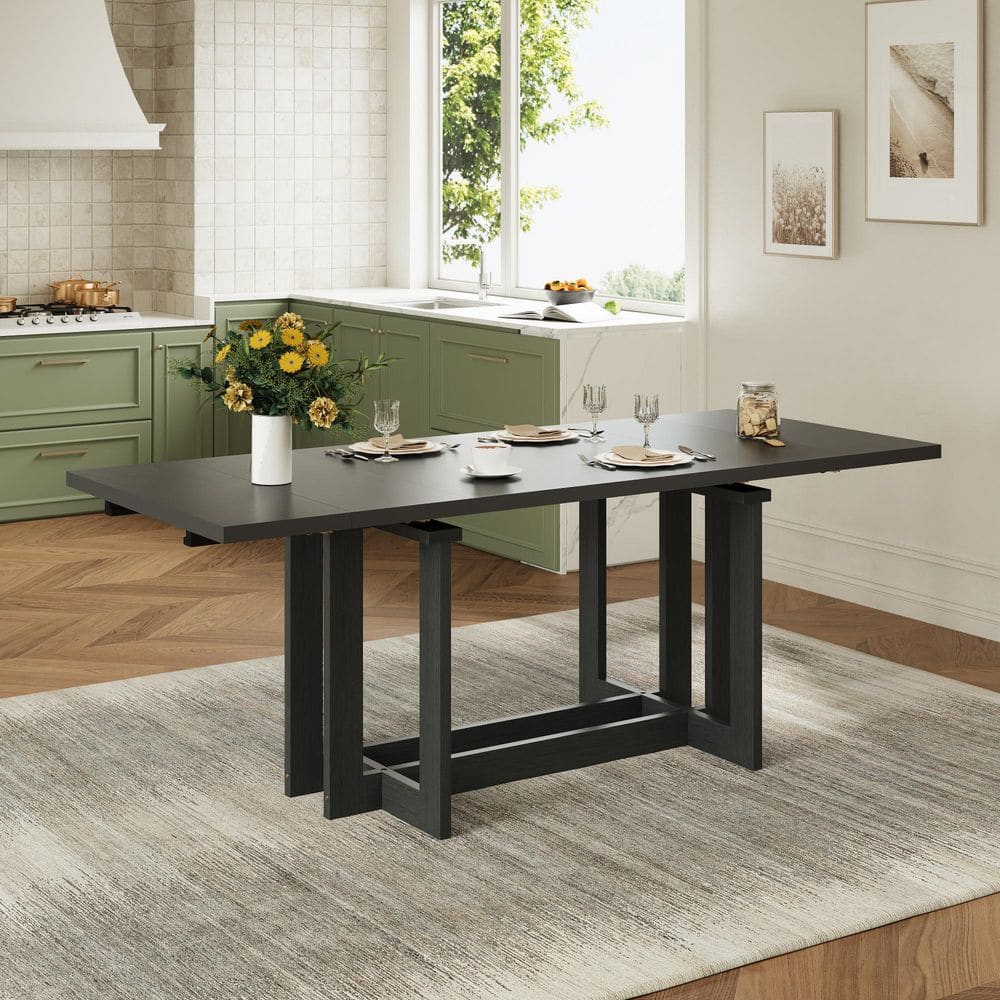Glenvar Modern Rustic Black Wood Trestle Reatangle Extendable Dining Table with Removable Leaf