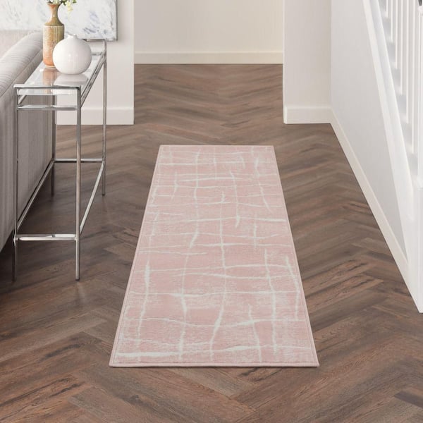 Whimsicle Pink Ivory 2 ft. x 8 ft. Abstract Contemporary Kitchen Runner Area Rug