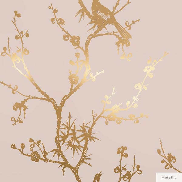 Cynthia Rowley Pink and Metallic Gold Bird Watching Vinyl Peel and Stick Wallpaper Roll (Covers 60 sq. ft.)