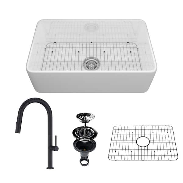 30 in. Undermount Farmhouse Single Bowl White Fine Fireclay Workstation Kitchen Sink with Faucet and Accessories
