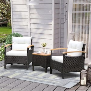 3-Piece Patio Rattan Furniture Set Wooden Armrest Table Top Cushioned Deck in Off White