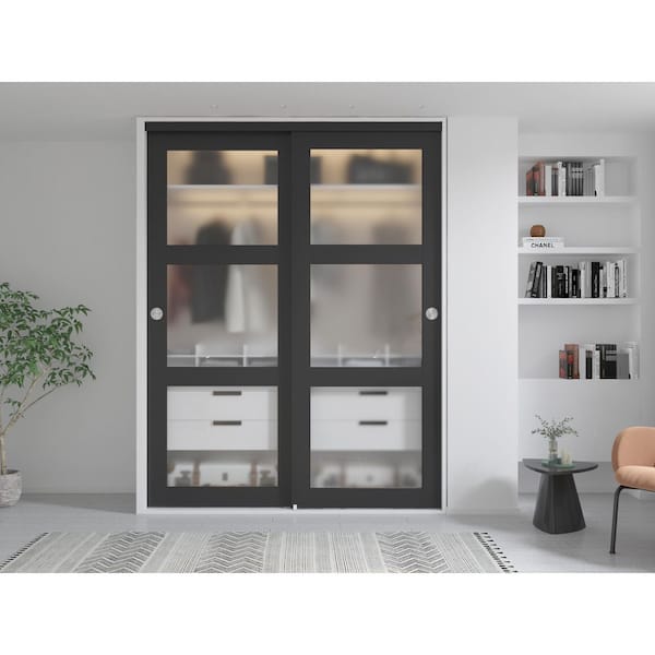 CALHOME 60 in. x 80 in. 3-Lite Frosted Tempered Glass Sliding