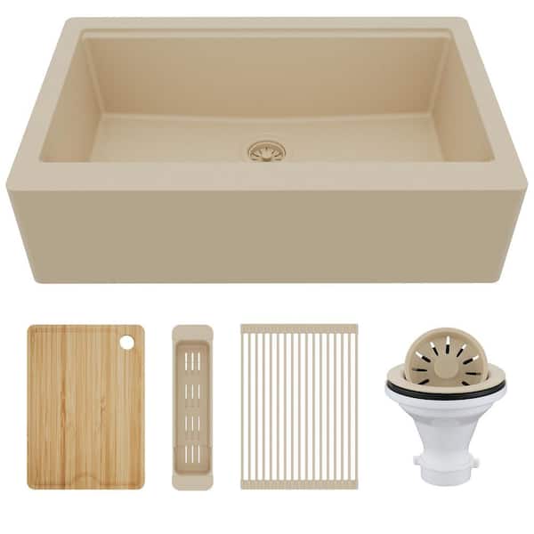 34 in. Farmhouse Single Bowl Quartz Workstation Kitchen Sink in Bisque
