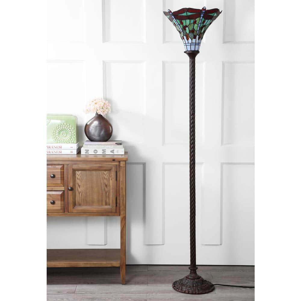 Dragonfly Tiffany-Style 71" Bronze Stained Glass Torchiere Lamp