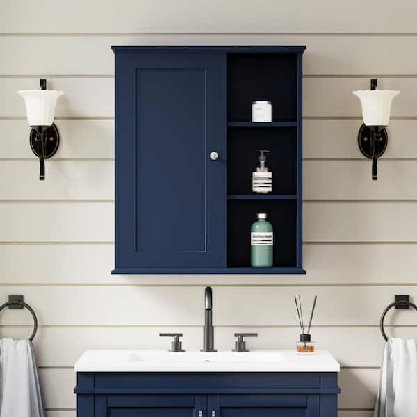 23.6 in. W x 7 in. D x 27.6 in. H Bathroom Storage Wall Cabinet in Navy Blue with 3-Tier Open Shelves