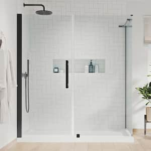 Pasadena 60 in. L x 34 in. W x 75 in. H Corner Shower Kit with Pivot Frameless Shower Door in Black and Shower Pan