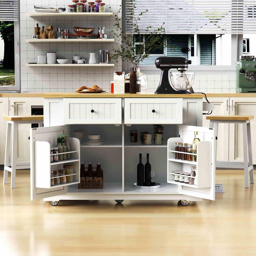 White Wood 48 in. Kitchen Island with Drop Leaf, Power Outlet, Internal Storage Rack, 5-Open Side Racks