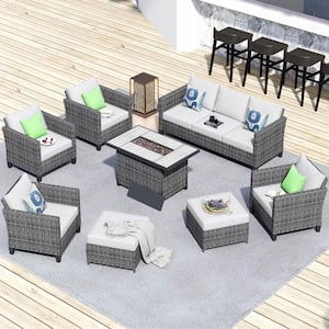 New Star Gray 8-Piece Wicker Patio Rectangle Fire Pit Conversation Seating Set with Gray Cushions