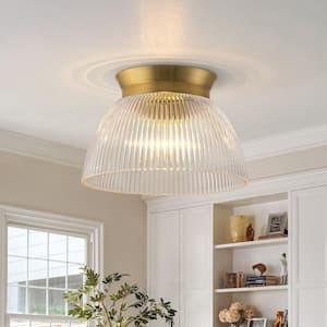 11.8 in. Modern Bowl Brushed Brass 1-Light Flush Mounts Ceiling Light with Ribbed Glass Shade for Bedroom Foyer Kitchen