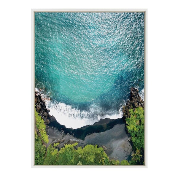 Kate and Laurel Sylvie Maui Black Sand Beach One 1-Piece White Framed Canvas Art Print, 38.00 in. x 28.00 in.