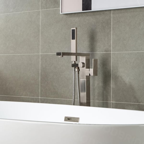 Princeton Single-Handle Freestanding Floor Mount Tub Filler Faucet with Square Hand Held Shower in Brushed Nickel