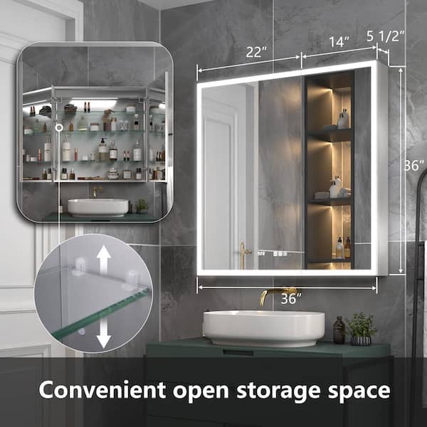 36 in. W x 36 in. H Rectangular Silver Aluminum Recessed/Surface Mount Medicine Cabinet with Mirror, LED and Clock