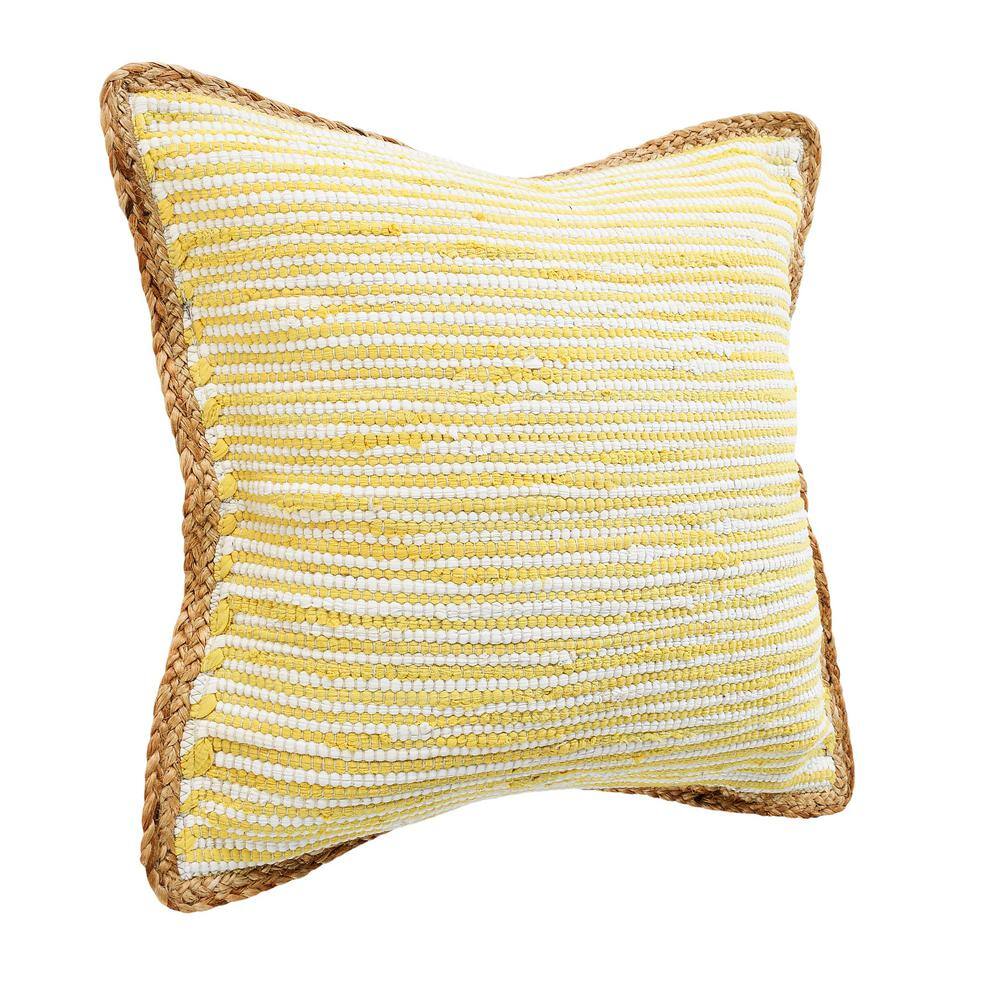 Yellow and White Striped Cotton and Jute 20" Square Throw Pillow