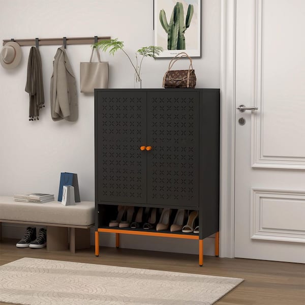 46.45 x 31.5 in. Modern Black Metal Shoe Storage Cabinet w/ Adjustable Shelves, Moisture-Proof Design and Double Doors