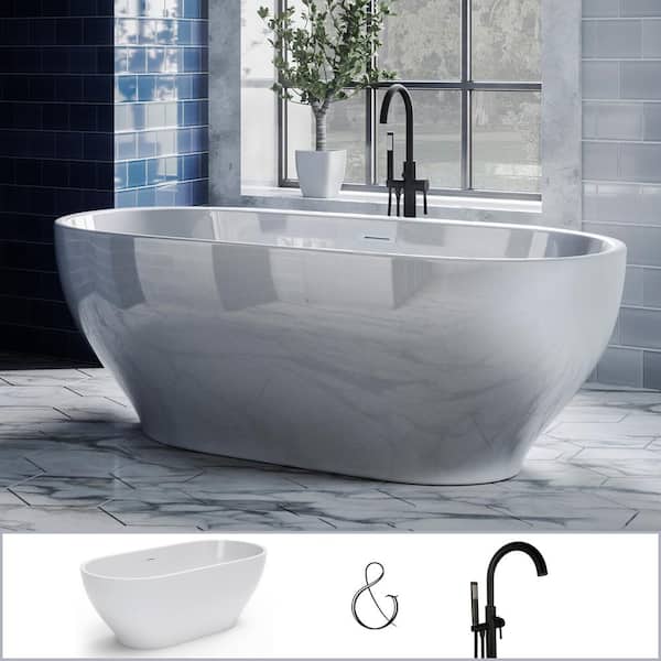 PELHAM & WHITE W-I-D-E Series Palisades 67 in. Acrylic Oval Freestanding Bathtub in White, Floor-Mount Single-Post Faucet in Black