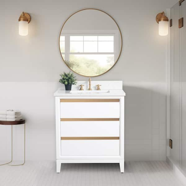 30 in. W x 22 in. D x 34 in. H Single Sink Bathroom Vanity in White with Engineered Marble Top