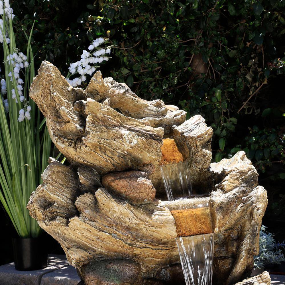 Alpine 5-Tier Waterfall Trunk Fountain with LED Lights, 47" Tall