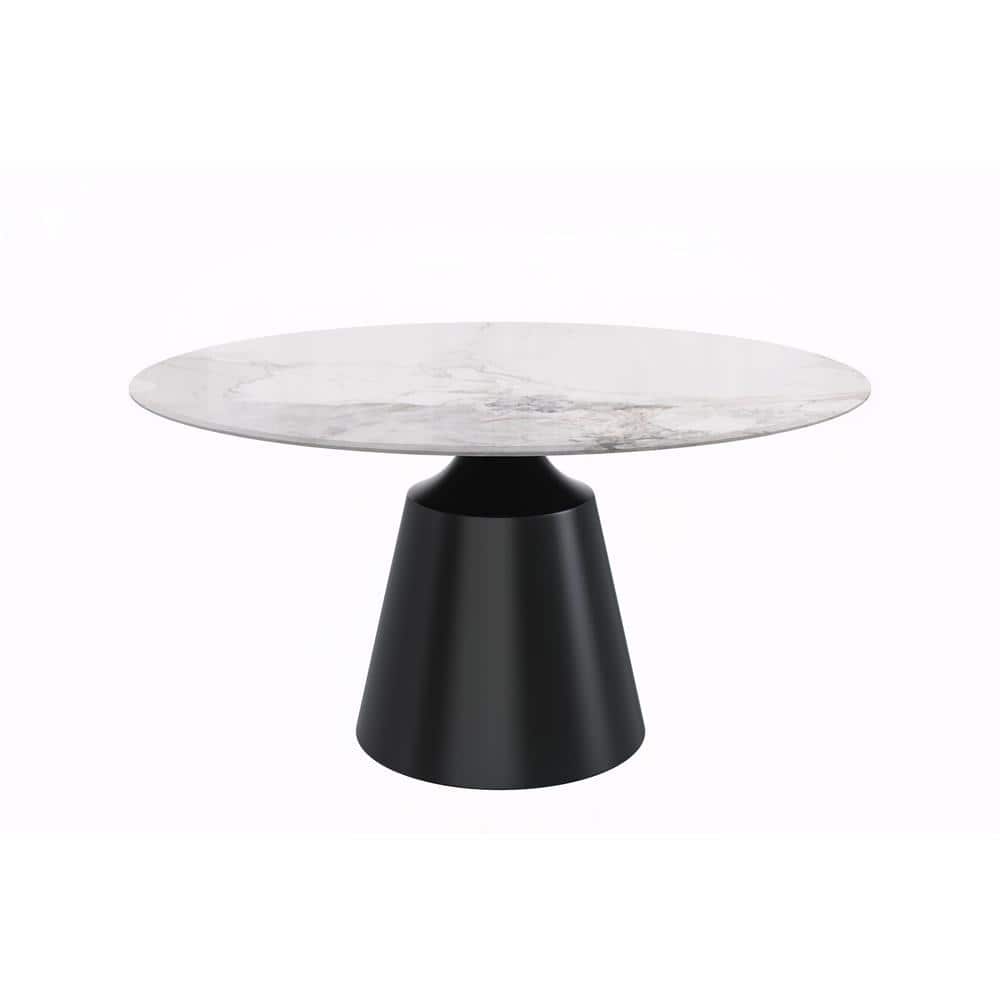 Prynn 60'' White Grey Round Glass Dining Table with Black Pedestal Base