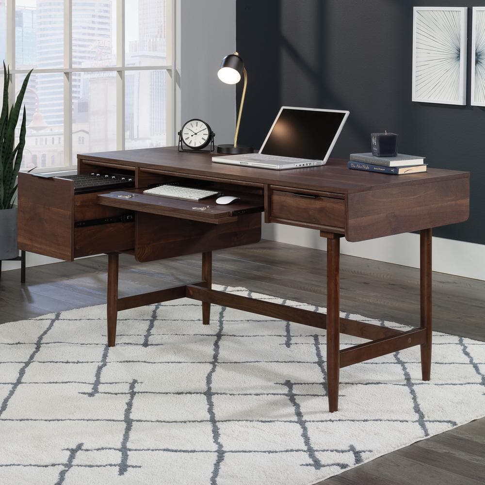 Grand Walnut Mid-Century Modern Desk with Drawer and Keyboard Tray