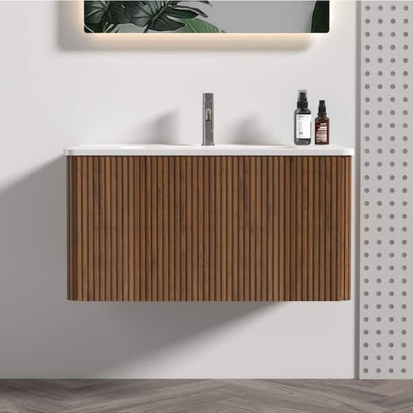 30 in. W x 18 in. D x 15.6 in. H Single Sink Floating Bath Vanity in Walnut with White Ceramic Top, U-Shape Wall Fitting