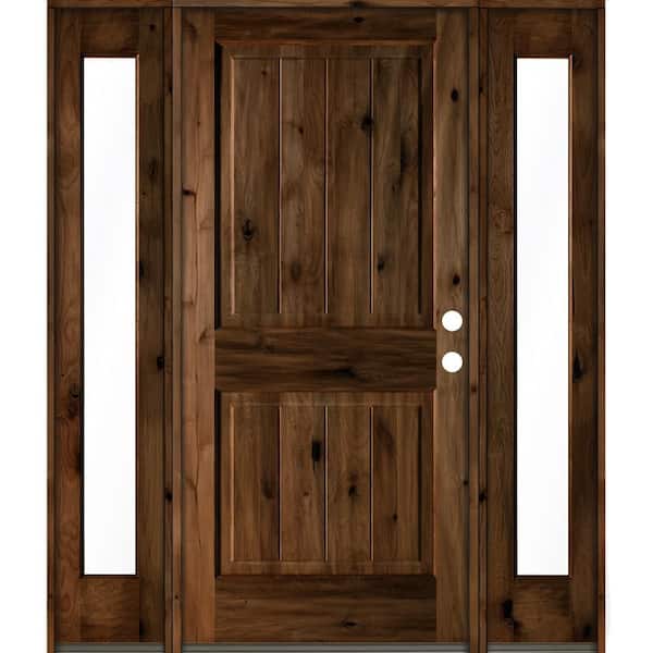 Krosswood Doors 64 in. x 80 in. Rustic Alder Square Provincial Stained Wood with V-Groove Left Hand Single Prehung Front Door