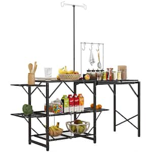 OutSunny Metal Folding Camp Kitchen Table, Portable Camping Cooking Station with Adjustable Lantern Holder