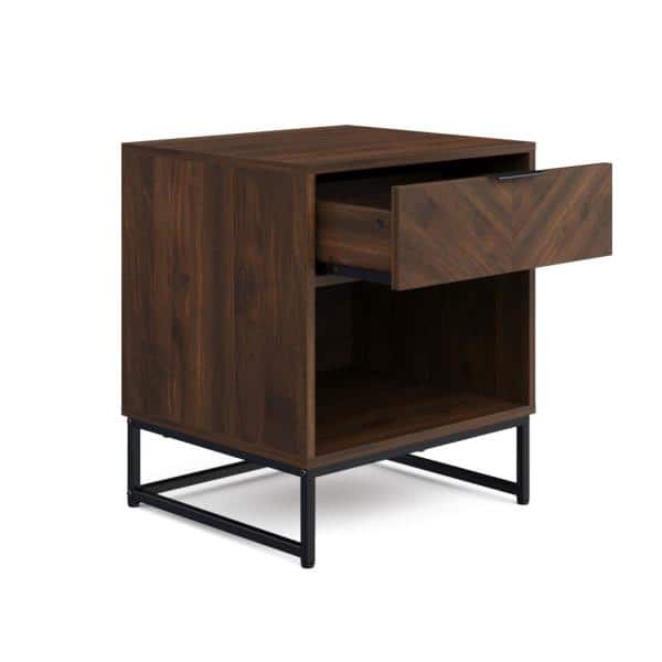 Kensi Rustic Walnut Nightstand with Herringbone Design & Matte Black Metal Base