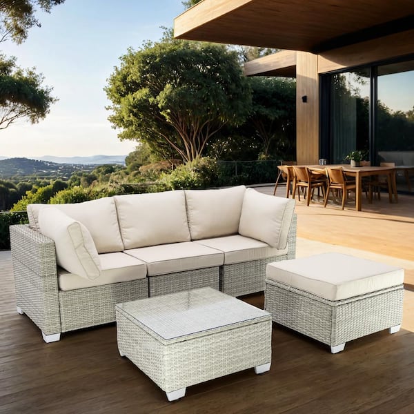 Unbranded Grey 5-Piece Wicker Outdoor Sectional Set, Patio Rattan Sofa and Table Set with Field Gray Cushions for Garden, Backyard