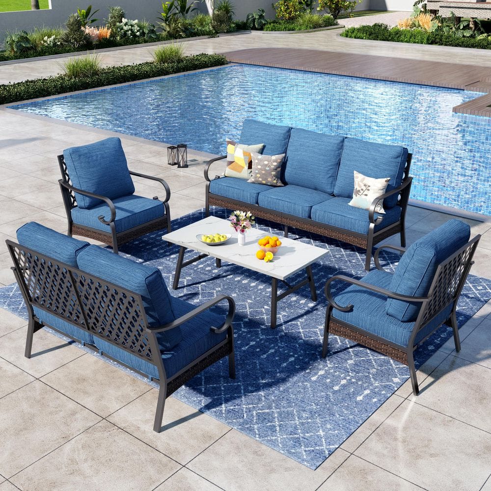 5-Piece Black Metal 7 Seats Patio Conversation Set with Fixed Chair, Marbling Coffee Table and Pacific Blue Cushions price history on PriceWatchPro